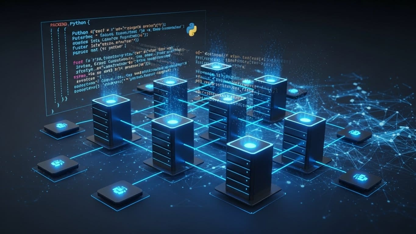 Scalable backend database and cloud system illustration
