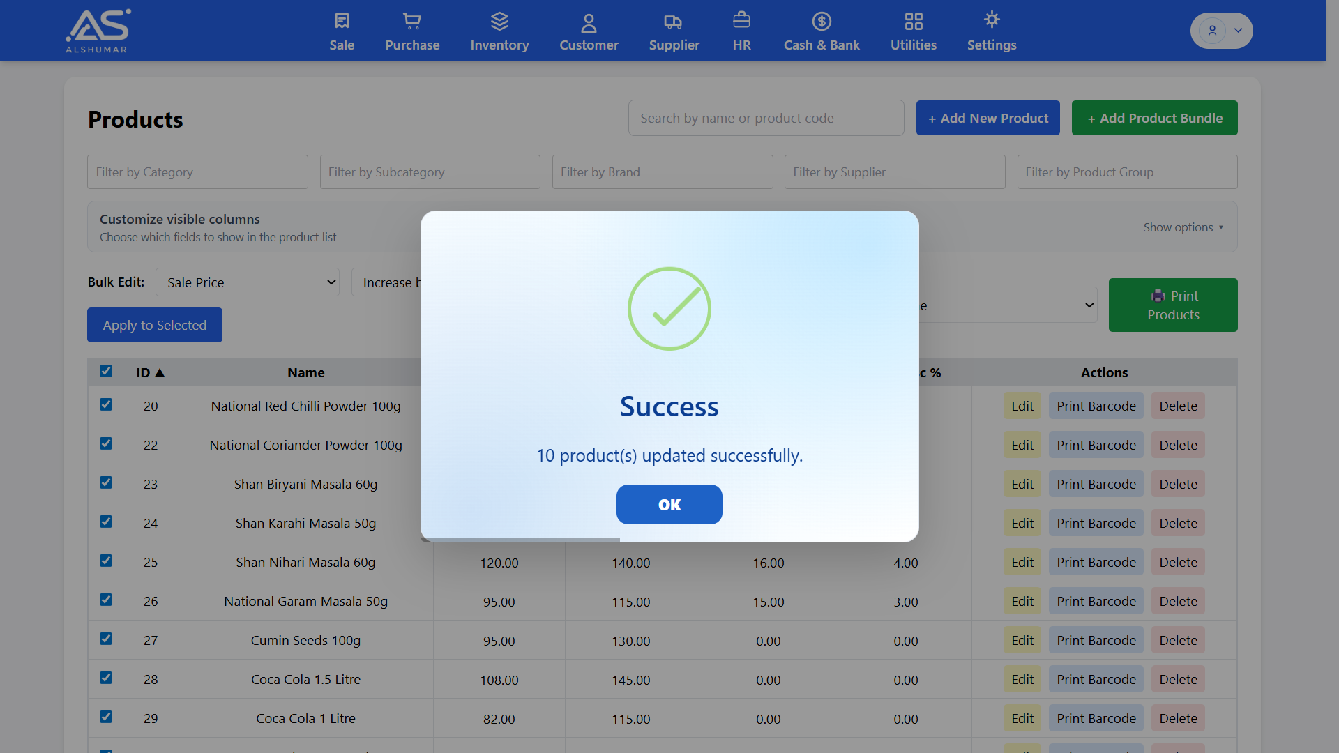 Al Shumar POS bulk price increase by fixed amount feature showing amount increase mode selected for multiple products