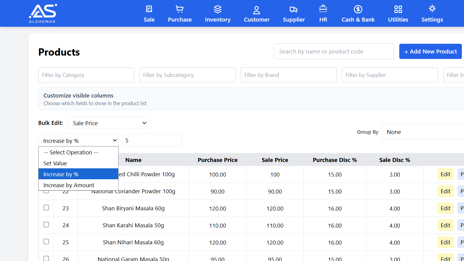 Al Shumar POS bulk increase by percentage feature for raising product prices across categories in Pakistan