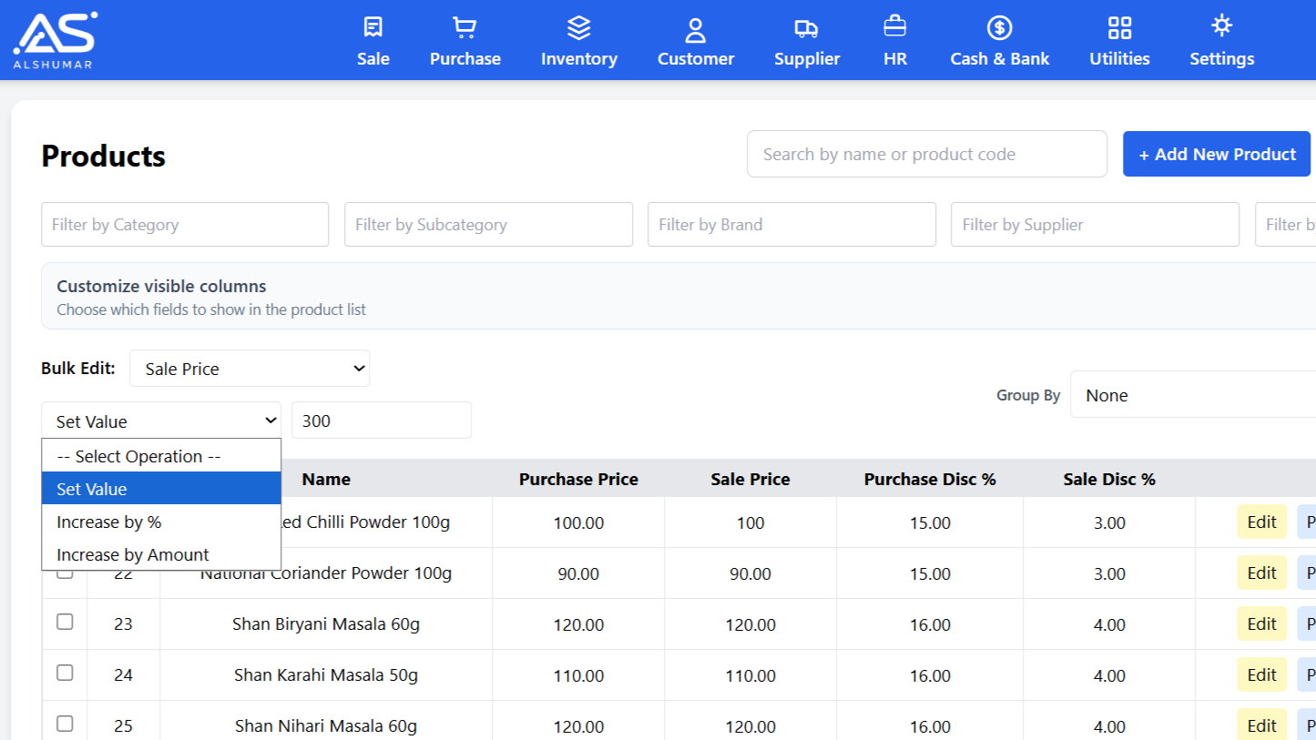 Bulk price update feature in Al Shumar POS showing multiple products selected with sale price field and apply button