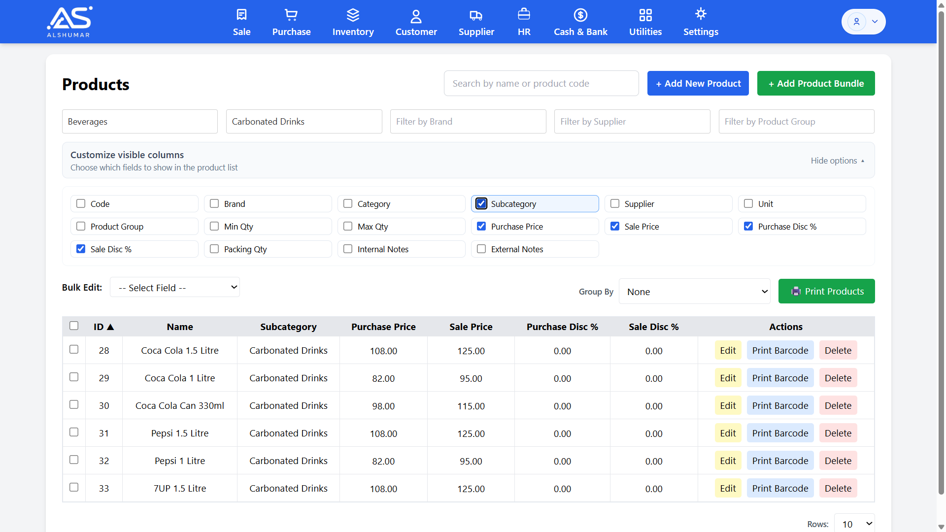 Al Shumar POS column visibility toggle panel showing checkboxes for sale price purchase price and discount columns