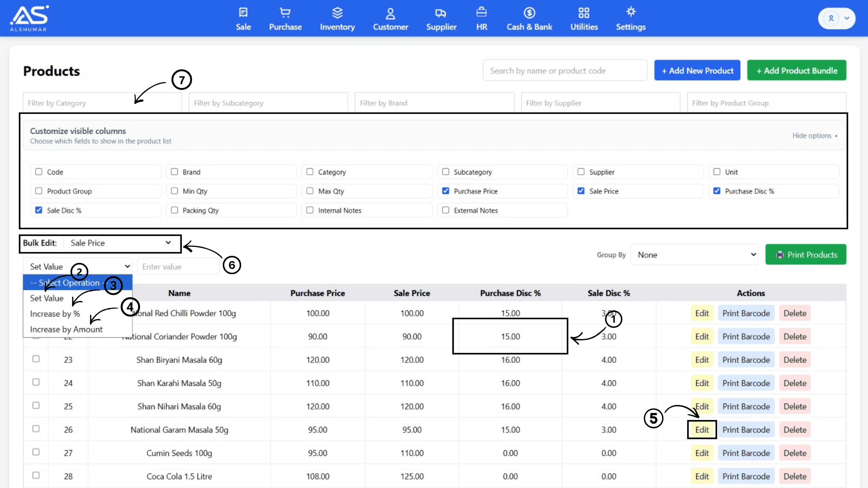 Al Shumar POS product list showing price management features for Pakistani retailers